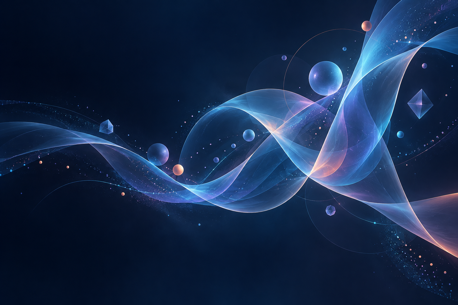 Translucent blue and violet ribbons flowing through a dark field